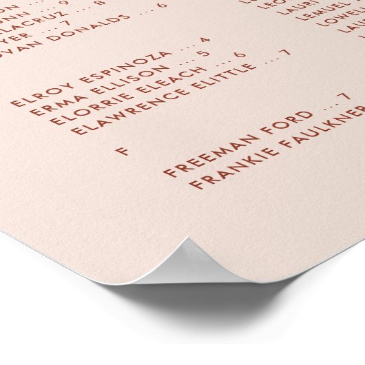 ピーチスタイリッシュピンクのアルファベットの座席表 ポスター (角)