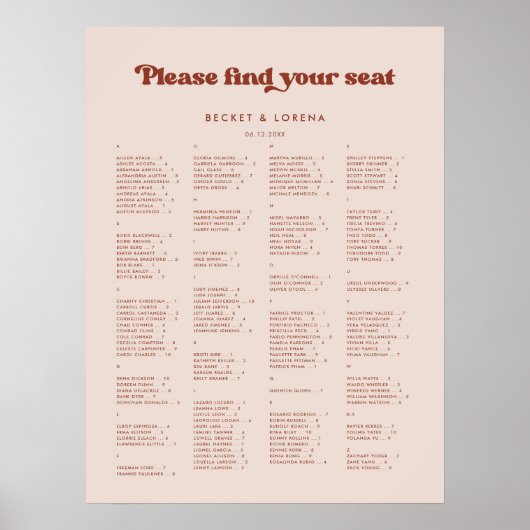 ピーチスタイリッシュピンクのアルファベットの座席表 ポスター (正面)