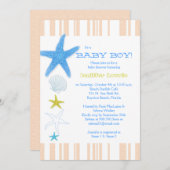 ピーチストライプズブルービーチ男の赤ちゃんベビーシャワー 招待状 (正面/裏面)