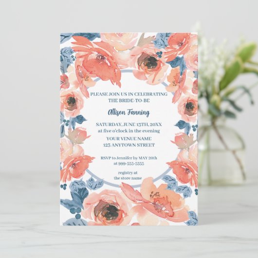 ピーチダスティブルーバラウォーターカラーブライダルシャワー 招待状 (スタンド正面)