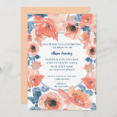 ピーチダスティブルーバラウォーターカラーブライダルシャワー 招待状 (正面/裏面)