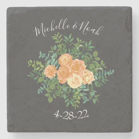 ピーチダークグレイ結婚ズバラフローラ ストーンコースター (正面)