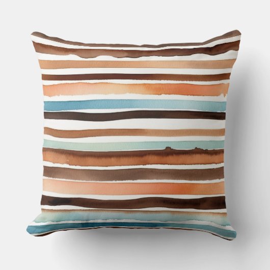ピーチチョコレートティール（緑がかった色）ストライプ クッション (正面)