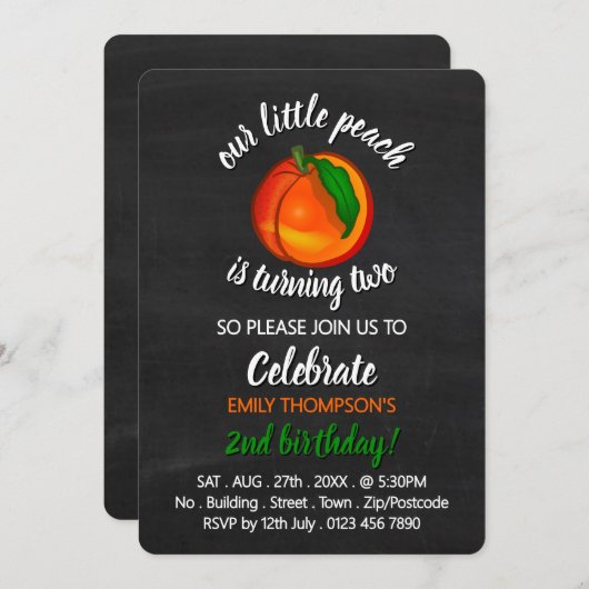 ピーチデザイン、私たちのリトルピーチ、誕生日 招待状 (正面/裏面)