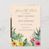 ピーチトロピカルフラワーグリーン結婚リー写真 セーブザデート (正面/裏面)