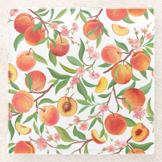 ピーチトロピカルフルーツヴィンテージ模様。 ガラスコースター (正面)