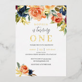 ピーチネイビーフローラ秋秋ガール1st誕生日 箔招待状 (正面)