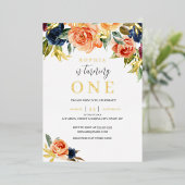 ピーチネイビーフローラ秋秋ガール1st誕生日 箔招待状 (立ち正面)