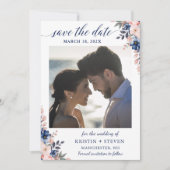 ピーチネイビーブルーフローラ写真Save The Date Card セーブザデート (正面)