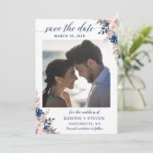 ピーチネイビーブルーフローラ写真Save The Date Card セーブザデート (スタンド正面)