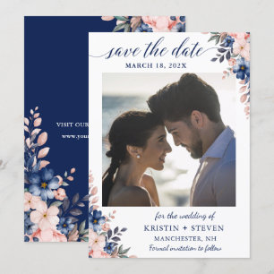 ピーチネイビーブルーフローラ写真Save The Date Card セーブザデート