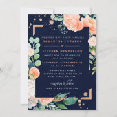 ピーチネイビー銅フローラ水の色の写真結婚。 招待状 (正面)