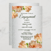 ピーチバラフローラシルバーグリッター婚約パーティ 招待状 (正面/裏面)