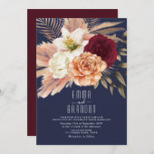 ピーチバラフローラブルガンディネイビーブルー結婚ズ 招待状 (正面/裏面)