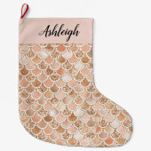 ピーチバラ赤面金ゴールドグリッターマーメイド ラージクリスマスストッキング (正面)