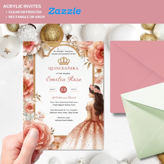 ピーチバラ金ゴールドキンセアニラドレスフローラクリン アクリル招待状