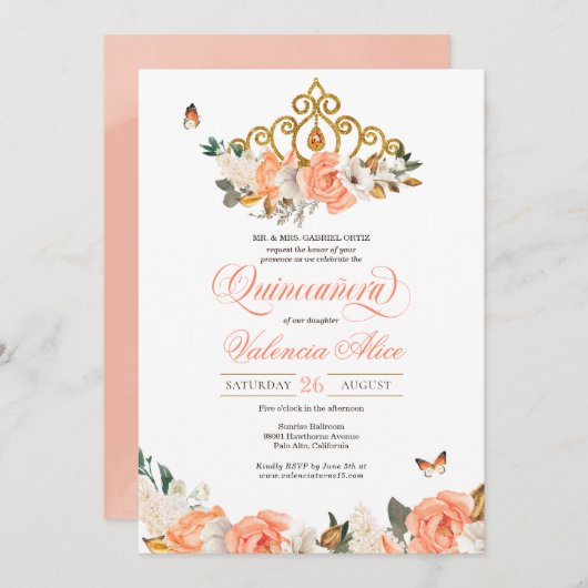 ピーチバラ金ゴールドティアラバタフライキエレガントンス 招待状 (正面/裏面)