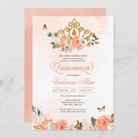 ピーチバラ金ゴールドティアラバタフライキンセアニェラ 招待状 (正面/裏面)