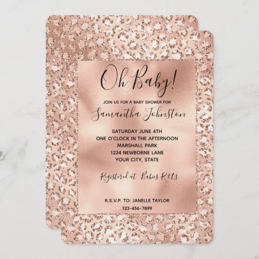 ピーチバラ金ゴールド赤面ピンクグリッツヒョウ印刷 招待状 (正面/裏面)