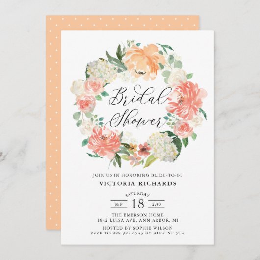 ピーチバラ&アジサイリースブライダルシャワー 招待状 (正面/裏面)