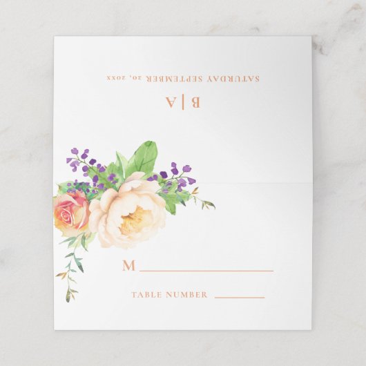 ピーチパープルクリームウォーターカラーフローラモノグラム プレイスカード (外部開封)