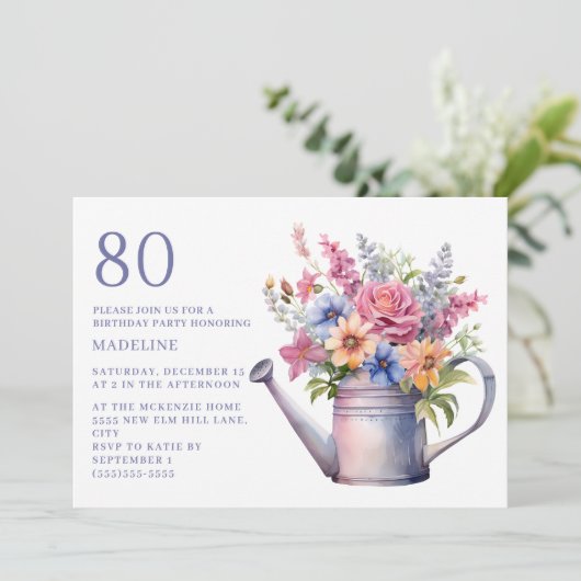 ピーチパープルフローラ散水缶80誕生日 招待状 (スタンド正面)