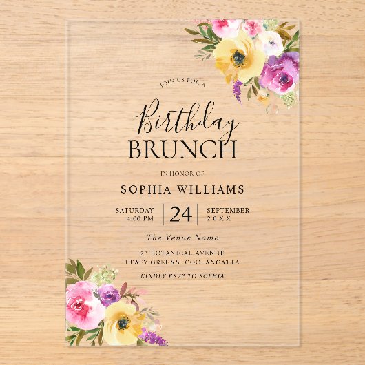 ピーチパープル赤面ウーマンズバースデーパーティーブランチ アクリル招待状 (正面)