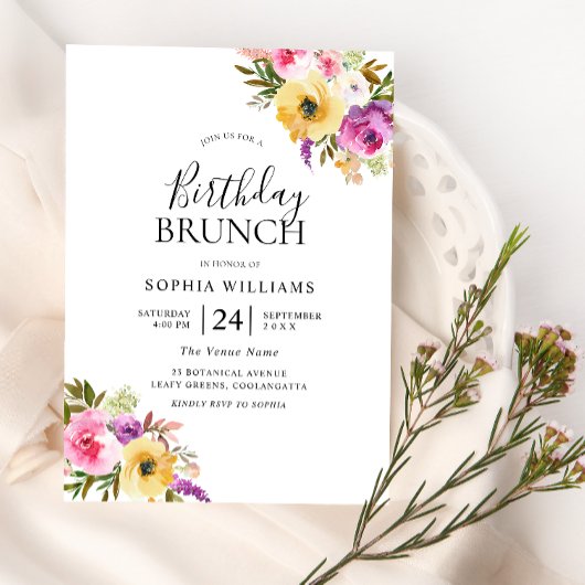 ピーチパープル赤面ウーマンズバースデーパーティーブランチ 招待状