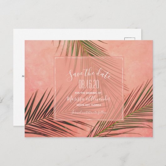 ピーチパームツリービーチ結婚式セーブザデーツ ポストカード (正面/裏面)