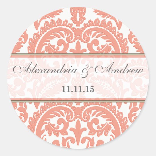 ピーチビクトリアンヴィンテージダマスクハート結婚ズシール ラウンドシール (正面)