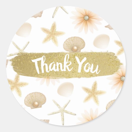 ピーチビーチ シェルと花のモダンウェディング ラウンドシール (正面)