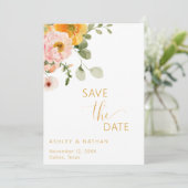 ピーチピンクとゴールドのガーデンブーケのSave the Date 招待状 (スタンド正面)