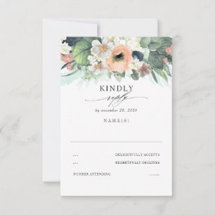 ピーチピンクとホワイトフローラ結婚式RSVP 出欠カード