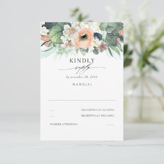 ピーチピンクとホワイトフローラ結婚式RSVP 出欠カード (スタンド正面)