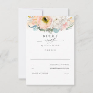 ピーチピンクとホワイトフローラ結婚式RSVP 出欠カード