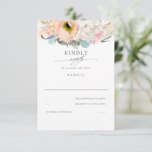 ピーチピンクとホワイトフローラ結婚式RSVP 出欠カード (スタンド正面)