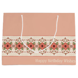 ピーチピンクと錆びた赤フローラ ラージペーパーバッグ