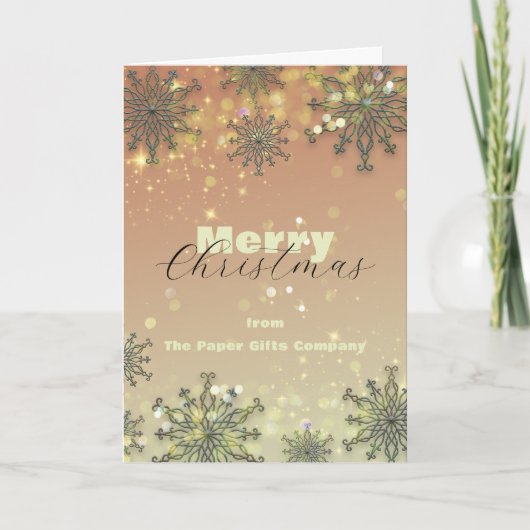 ピーチピンクのビジネス・クリスマスに雪の結晶が灯る カード (正面)