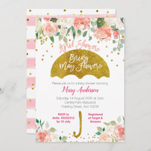 ピーチピンクの傘4月のシャワーが5月の花をもたらす 招待状 (正面/裏面)