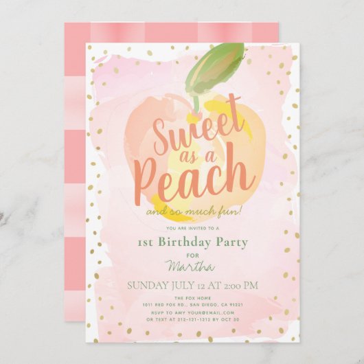 ピーチピンクの女の子として甘い1st誕生日 招待状 (正面/裏面)