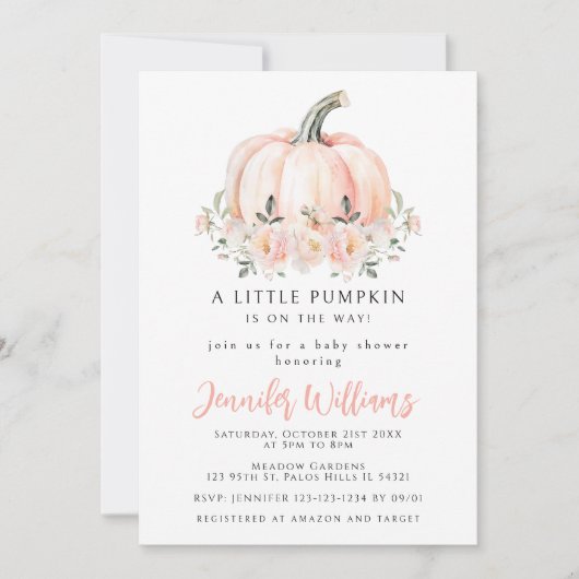 ピーチピンクの小さなかぼちゃのベビーガールシャワー 招待状 (正面)