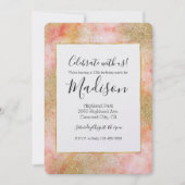 ピーチピンクの水彩ゴールド疑似グリッター 招待状 (正面)