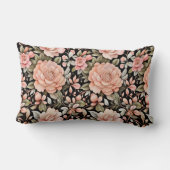 ピーチピンクの緑の黒い背景フローラ花 ランバークッション (裏面)