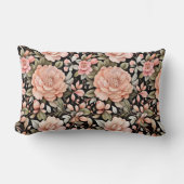 ピーチピンクの緑の黒い背景フローラ花 ランバークッション (正面)