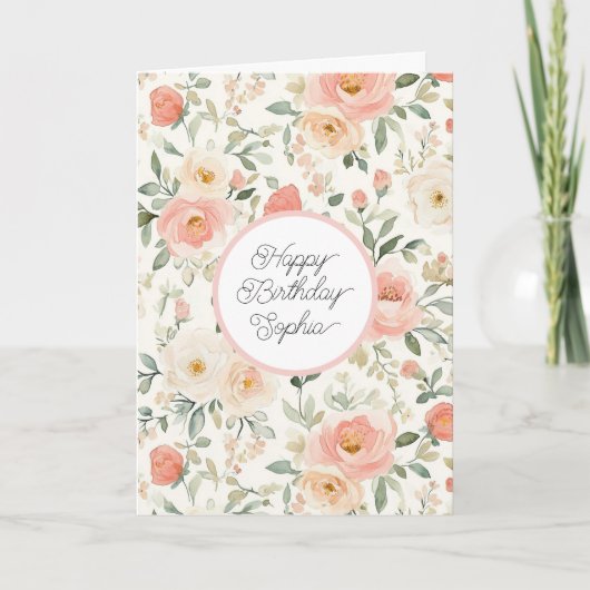 ピーチピンクの花の誕生日 カード (正面)