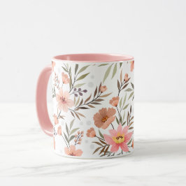 ピーチピンクの花柄ボタニカルマグカップ マグカップ