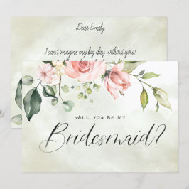 ピーチピンクの花水彩筆記体花嫁の介添え人 招待状