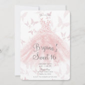 ピーチピンクの蝶の舞うドレス スイート16パーティー 招待状 (正面)