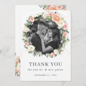 ピーチピンクアイボリーホワイトフローラリース結婚ズフォト サンキューカード (正面/裏面)