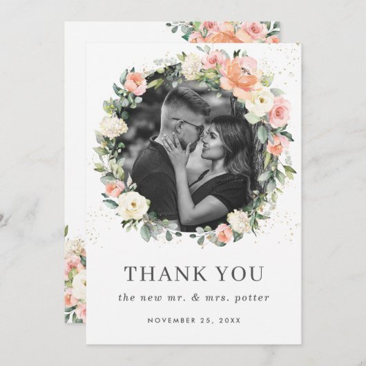 ピーチピンクアイボリーホワイトフローラリース結婚ズフォト サンキューカード (正面/裏面)